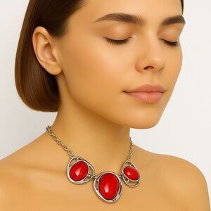 RSVP Red Oval Crystal Statement Necklace – Silver w/ Hoop Accent– Women Jewelry